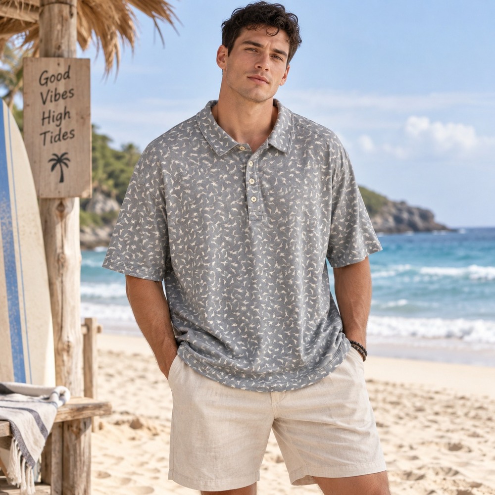 Tommy Bahama Polo Men's Short Sleeve Beach Gray Marlin Fish Print Size 2XL